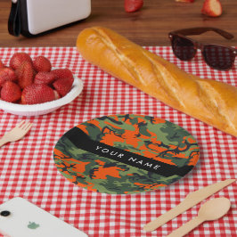 Prato De Papel Padrão de Camuflagem Laranja, Seu nome, Personaliz