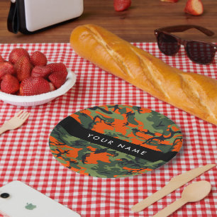 Prato De Papel Padrão de Camuflagem Laranja, Seu nome, Personaliz