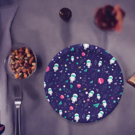 Prato De Papel Padrão de Cartoon do Astronauta Espacial