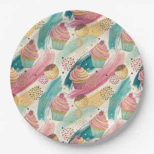 Prato De Papel Padrão de Celebração de Cupcake Festivo e Bruto