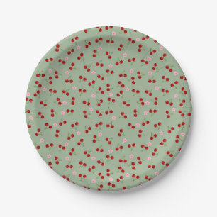 Prato De Papel Padrão de Cerejas em Fundo Verde
