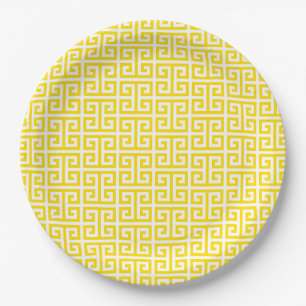 Prato De Papel Padrão de Chave Grega Amarelo Dourado