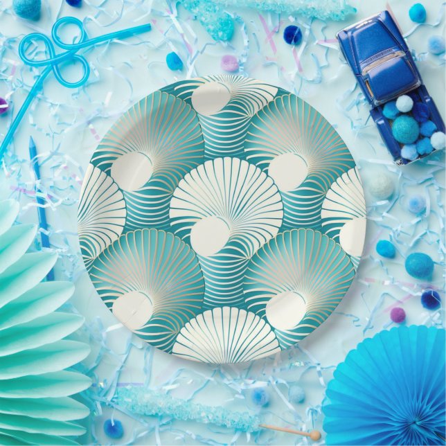Prato De Papel Padrão de concha do mar azul (Festa)