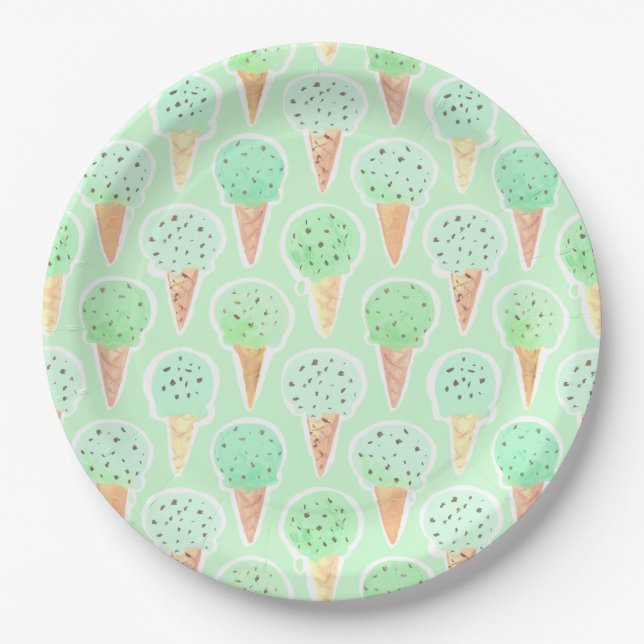 Prato De Papel Padrão de Cone de Sorvete de Menta e Chips (Frente)