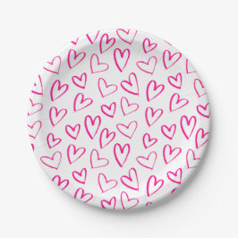 Prato De Papel Padrão de Contorno de Coração Minimalista Rosa do 