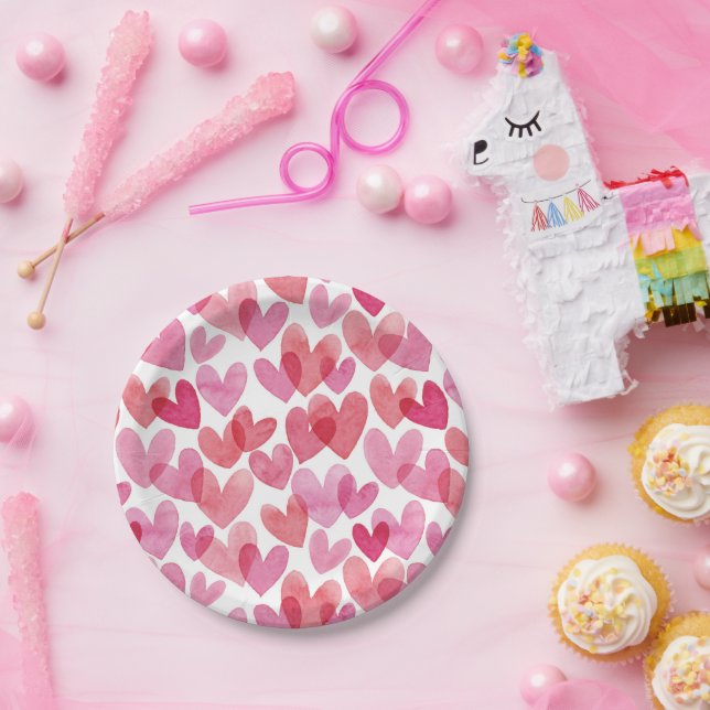 Prato De Papel Padrão de Coração de Aquarela (Festa)