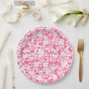 Prato De Papel Padrão de Corações Rosa - Placas de Papel Româ