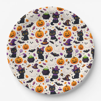 Prato De Papel Padrão de Criaturas Fofo de Halloween para Uso Saz