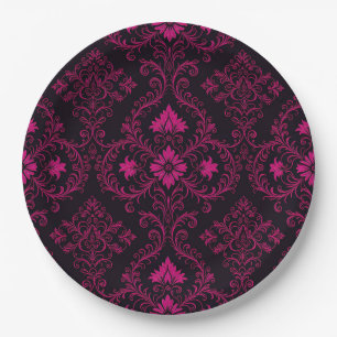 Prato De Papel Padrão de damasco gótico roxo e preto