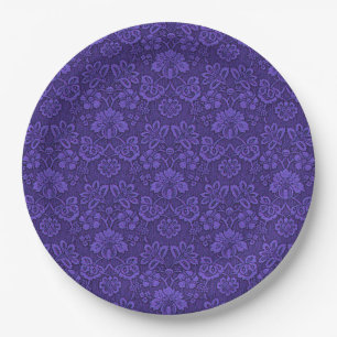 Prato De Papel Padrão de damasco vintage violeta elegante