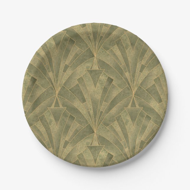 Prato De Papel Padrão de Deco de Arte Verde e Dourada (Frente)