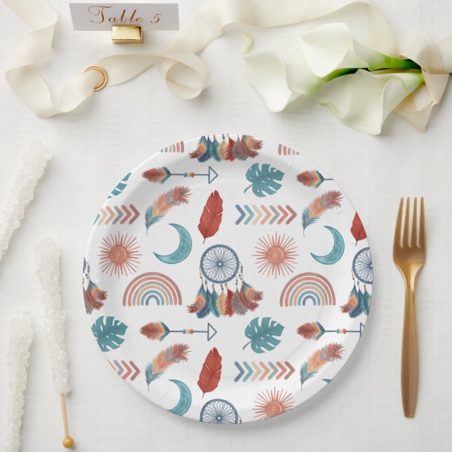 Prato De Papel Padrão de Desenhos Boho Retro (Casamento)