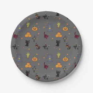 Prato De Papel Padrão de Dia das Bruxas Spooky com Gatos Pretos,