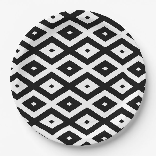 Prato De Papel Padrão de diamante preto e branco (Frente)