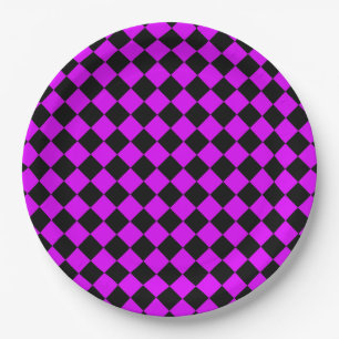 Prato De Papel Padrão de Diamante Xadrez Preto Roxo