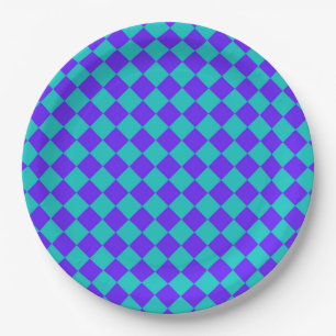 Prato De Papel Padrão de diamante xadrez roxo azul-esverdeado