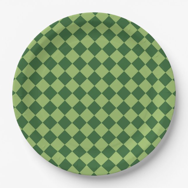 Prato De Papel Padrão de Diamante Xadrez Verde (Frente)