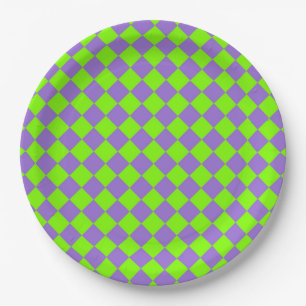 Prato De Papel Padrão de Diamante Xadrez Verde Roxo