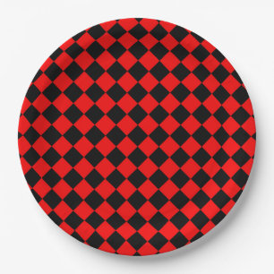 Prato De Papel Padrão de Diamante Xadrez Vermelho Preto