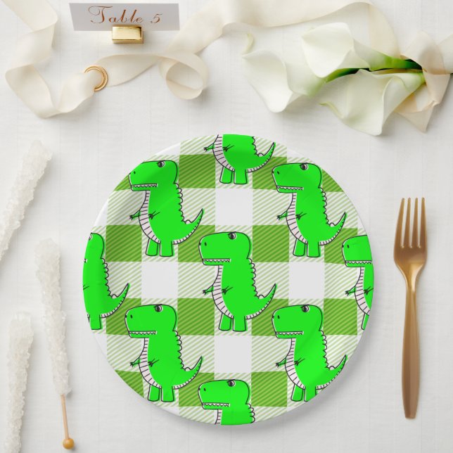 Prato De Papel Padrão de Dino Tartan, Xadrez Verde e Branco (Casamento)