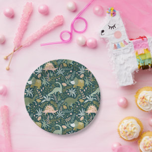 Prato De Papel Padrão de Dinossauro Verde