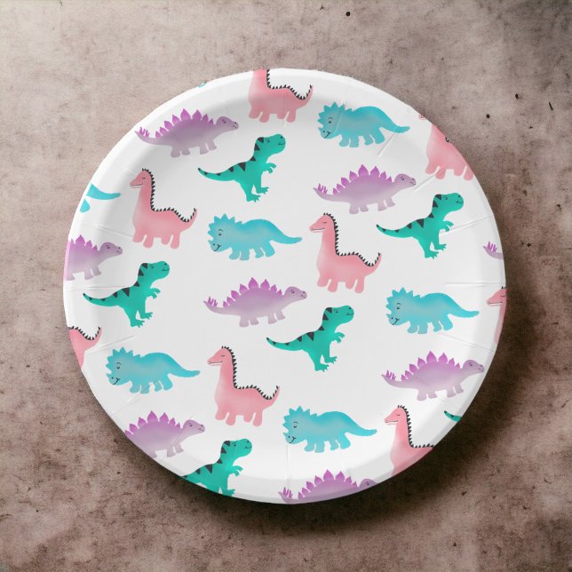 Prato De Papel Padrão de dinossauros de cor aquosa pastel branco, (Cute whimsical pastel watercolor dinosaurs pattern paper plates)