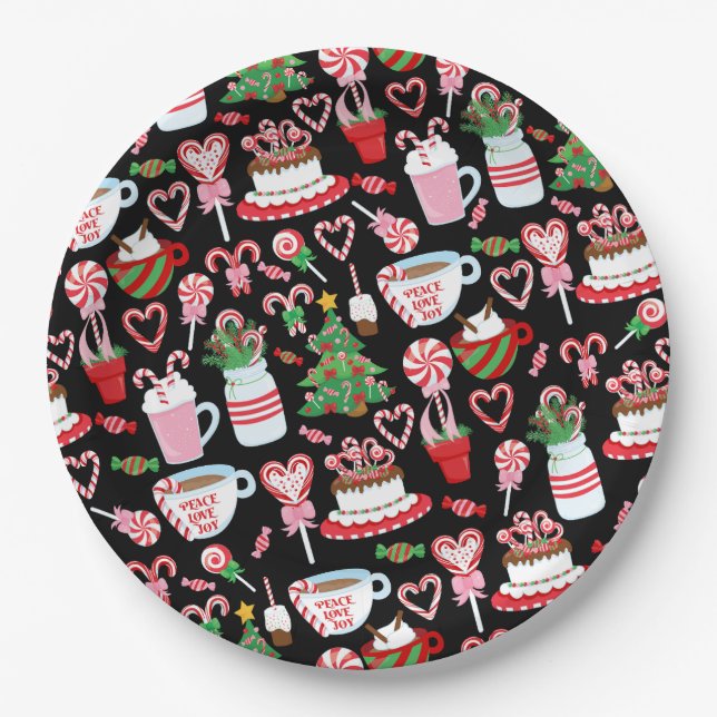 Prato De Papel Padrão de Doces de Natal com Bengalas (Frente)