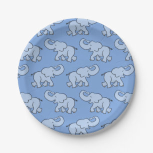 Prato De Papel Padrão de Elefante Fofo Azul Chá de Bebê
