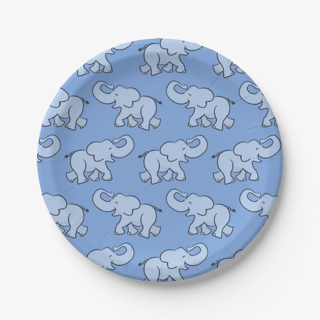 Prato De Papel Padrão de Elefante Fofo Azul Chá de Bebê (Frente)