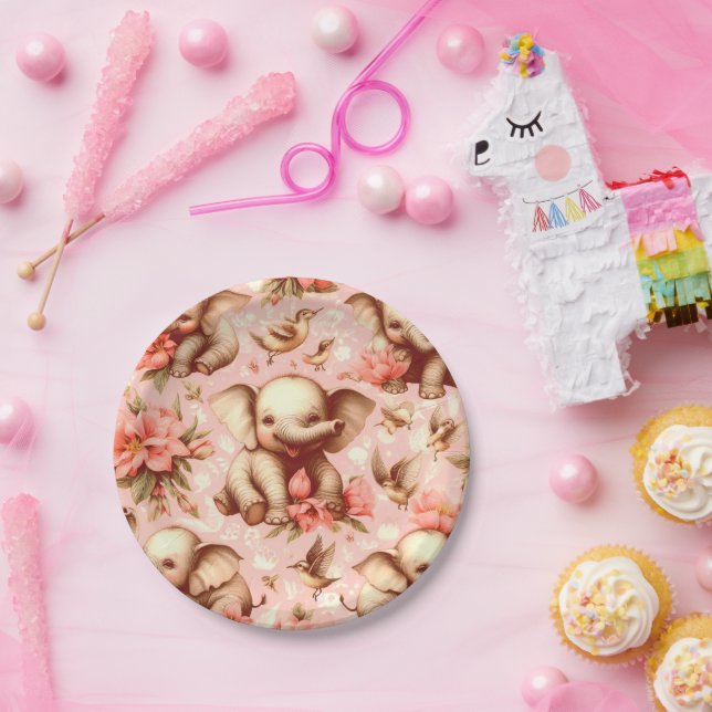 Prato De Papel Padrão de elefante para bebês em linfagem (Festa)