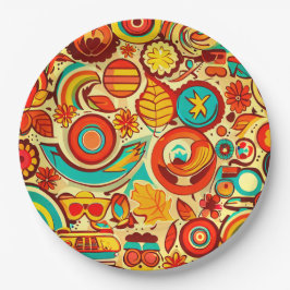 Prato De Papel Padrão de Elementos de outono do Groovy 70s Retroa