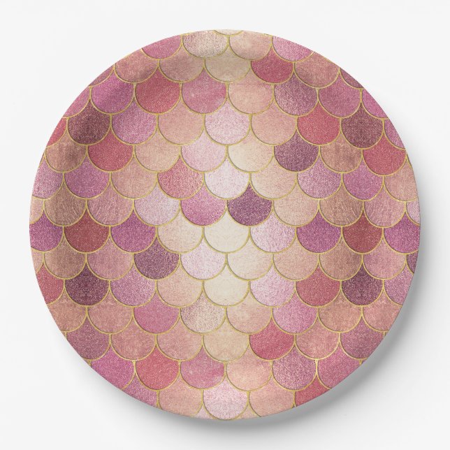 Prato De Papel Padrão de Escala de Sereia do Shimmer Dourado rosa (Frente)
