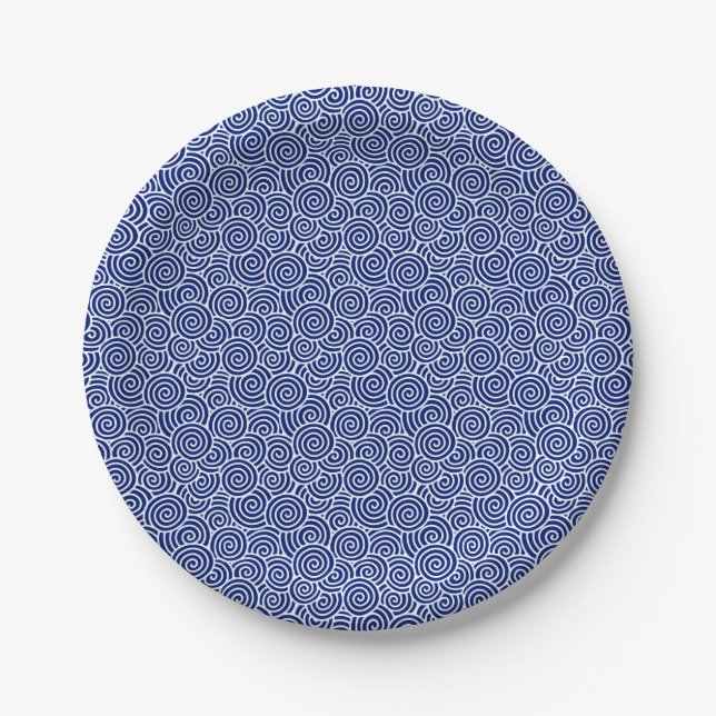 Prato De Papel Padrão de espiral japonês - marinho azul e branco (Frente)
