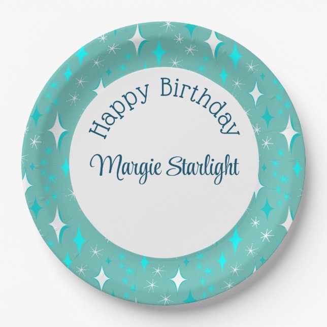 Prato De Papel Padrão de Estrelas Atômicas Brancas Retro Editável (Frente)