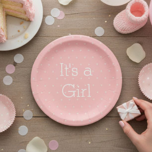 Prato De Papel Padrão de Estrelas Rosa e Branco É uma Menina