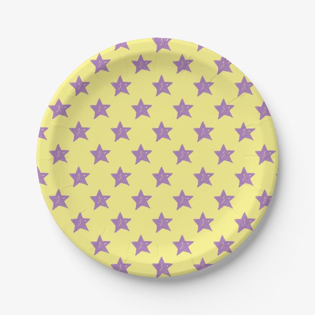 Prato De Papel Padrão de Estrelas Roxas Amarelas (Frente)
