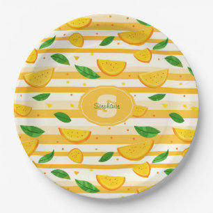 Prato De Papel Padrão de Fatia Laranja com Folhas Verdes