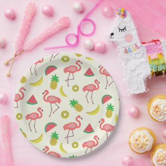 Prato De Papel Padrão de Flamingo com Melancia e Abacaxis 