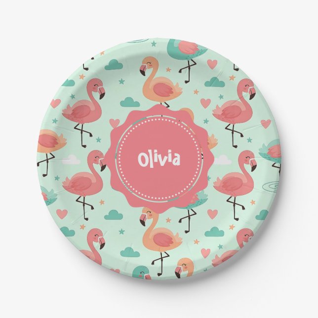 Prato De Papel Padrão de Flamingo de Desenho Animado Fofo (Frente)