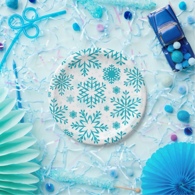 Prato De Papel Padrão de Floco de Neve Azul (Festa)