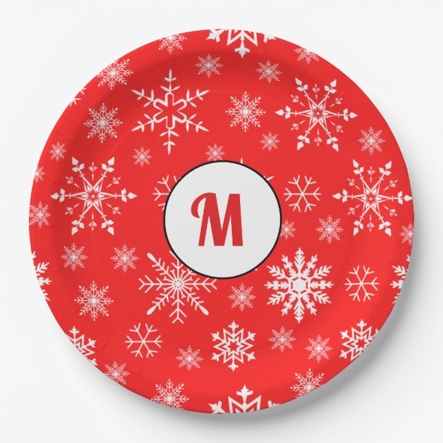 Prato De Papel Padrão de flocos de neve monograma adorável vermel (Frente)
