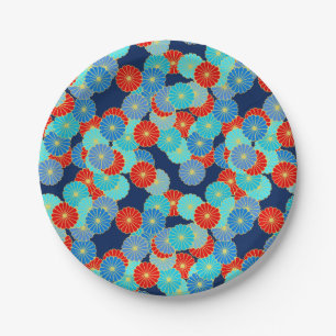 Prato De Papel Padrão de flor Art Deco - azul, turquesa e vermelh
