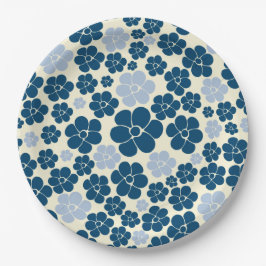 Prato De Papel Padrão de Flor - Azul Escuro, Azul Claro e Creme