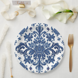 Prato De Papel Padrão de Flor de Damasco Vitoriano Elegante Azul