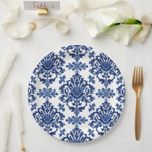 Prato De Papel Padrão de Flor de Damasco Vitoriano Elegante Azul