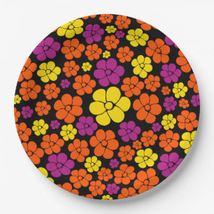 Prato De Papel Padrão de Flor - Preto, Rosa, Laranja e Amarelo
