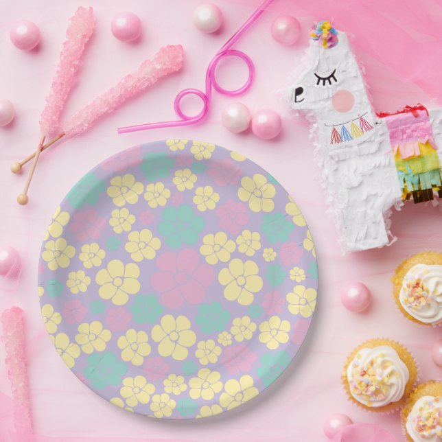 Prato De Papel Padrão de Flor - Rosa, Amarelo, Roxo e Verde (Festa)