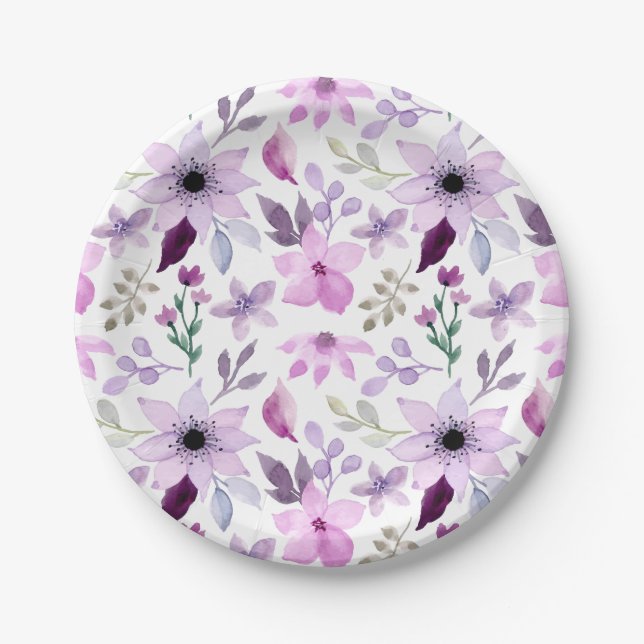 Prato De Papel Padrão de Flor Rosa e Roxa Elegante (Frente)