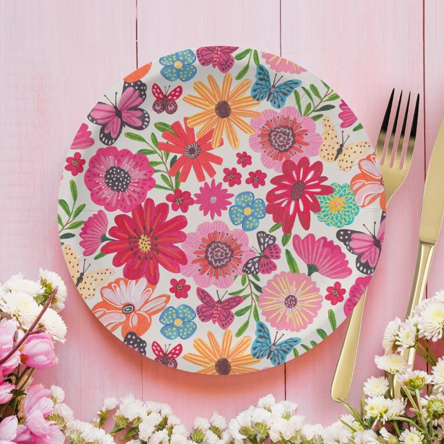 Prato De Papel Padrão de Flor Silvestre Brilhante Chá de Noiva (Bright Wildflower Pattern Bridal Shower Paper Plates)