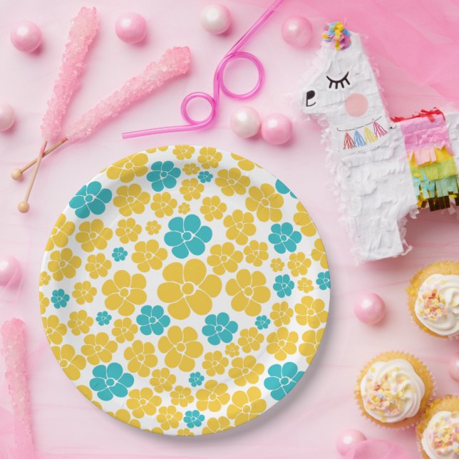 Prato De Papel Padrão de Flor - Turquesa e Amarelo (Festa)